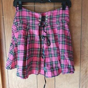 SHEIN Pink Plaid Lace-Up Mini Skirt Size M Side Zip Poly Cotton